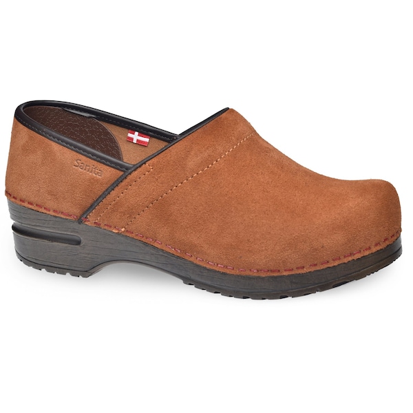 Women's Closed Back Clog, Suede leather Upper, Polyurethane Outsole, Cognac, Size 4.5-5 M